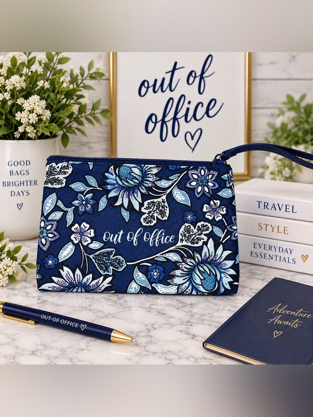 Vera Bradley Out of Office Floral Wristlet Pouch Navy Blue Floral